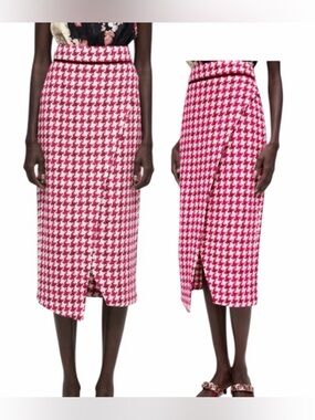 Blogger Favourite: Zara High Waisted Textured Weave Houndstooth Midi Skirt Sz XS